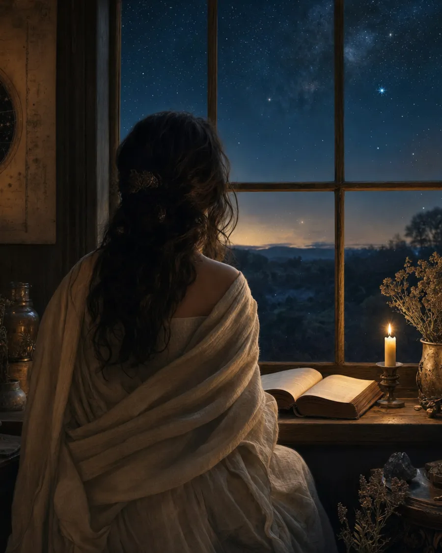 A woman looking at the starry sky from a window at dusk