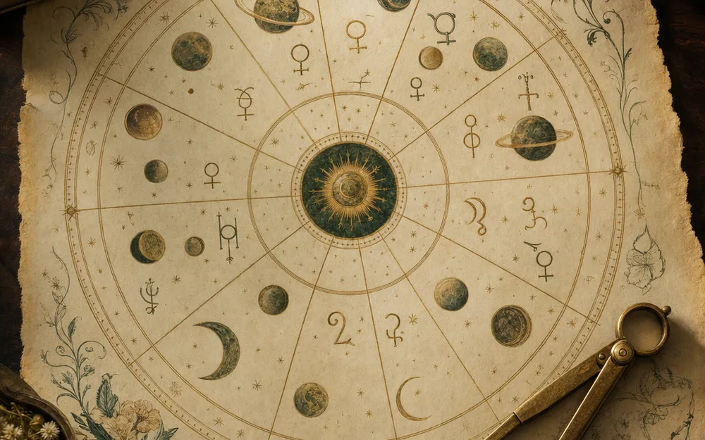A hand-drawn natal chart