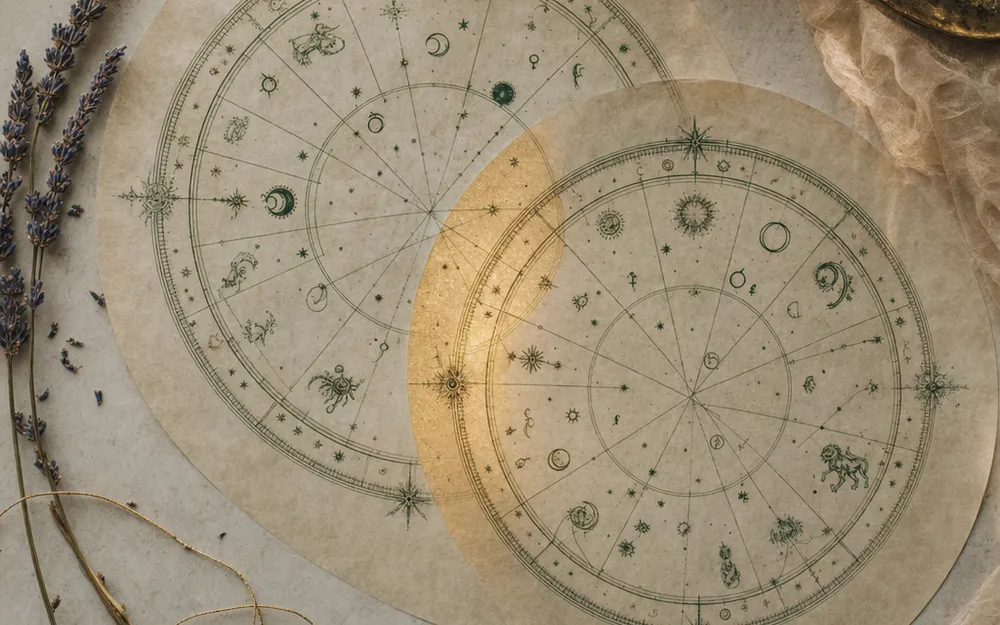 Two natal charts overlapping in synastry