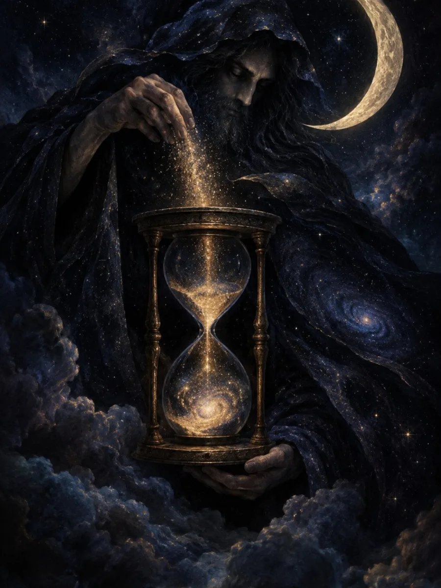 A wise elder holding a golden hourglass under a starry sky