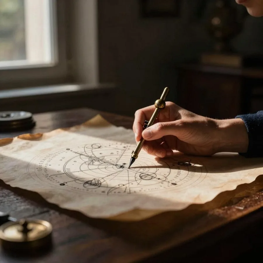 A hand holding a fountain pen over a hand-drawn natal chart