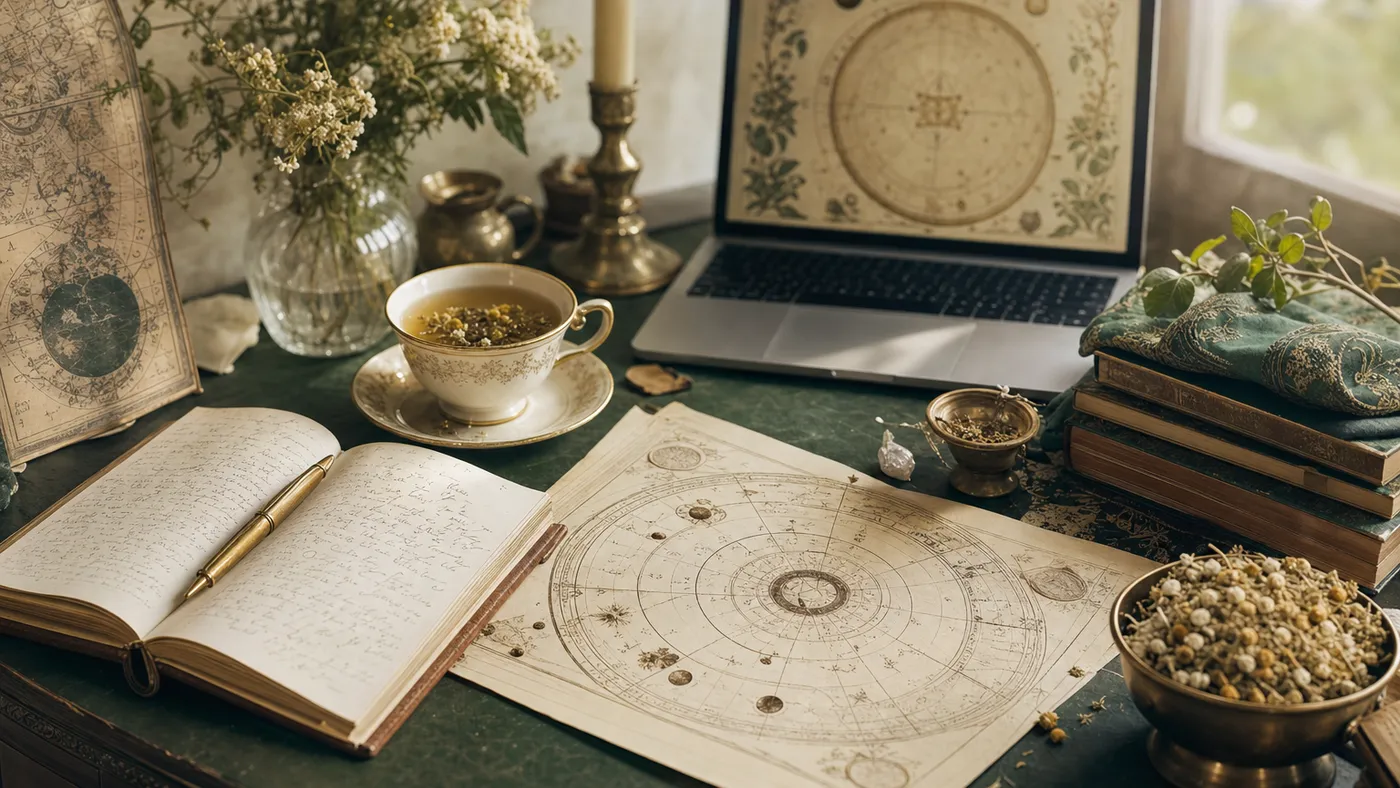 A work table with a notebook, an infusion and the printed chart before a consultation