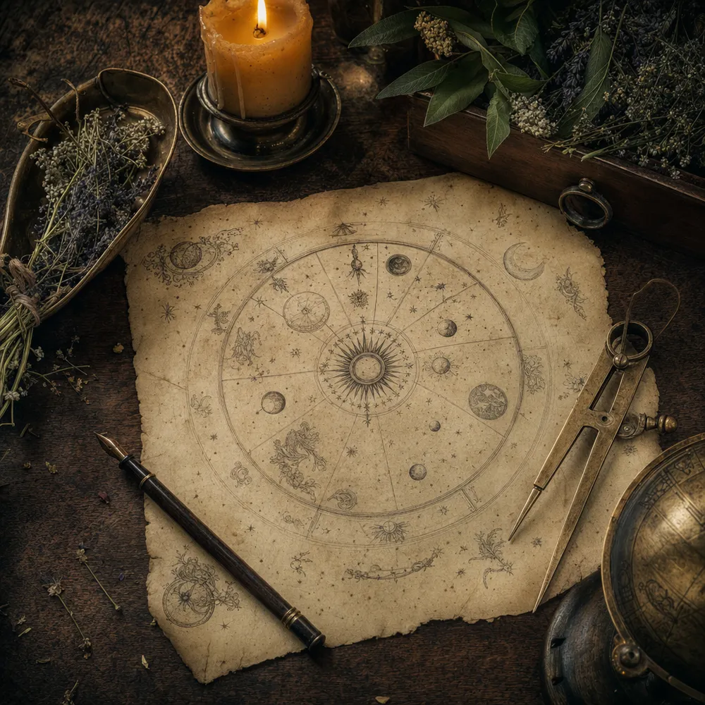 A wooden table with a natal chart, a brass compass and a lit candle
