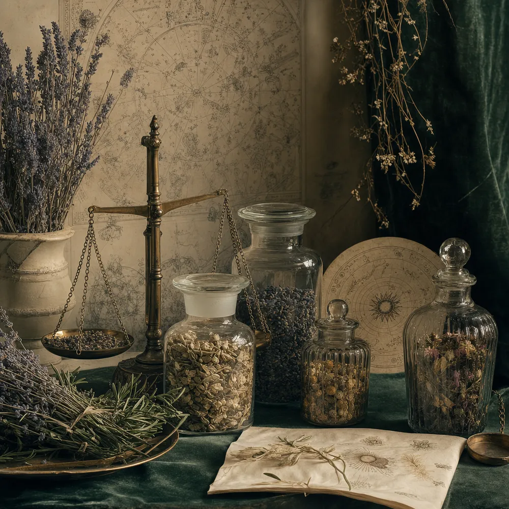 Glass jars with dried herbs and a brass scale